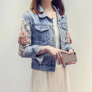 Three Dimensional Flowers Pearl  Coat Long Sleeve Jean Jacket