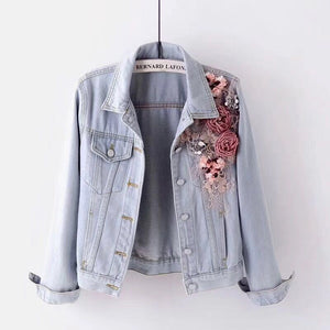 Three Dimensional Flowers Pearl  Coat Long Sleeve Jean Jacket