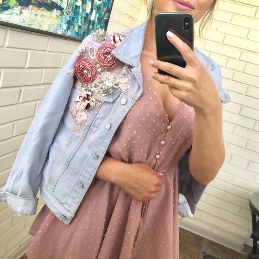 Three Dimensional Flowers Pearl  Coat Long Sleeve Jean Jacket