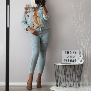 Three Dimensional Flowers Pearl  Coat Long Sleeve Jean Jacket