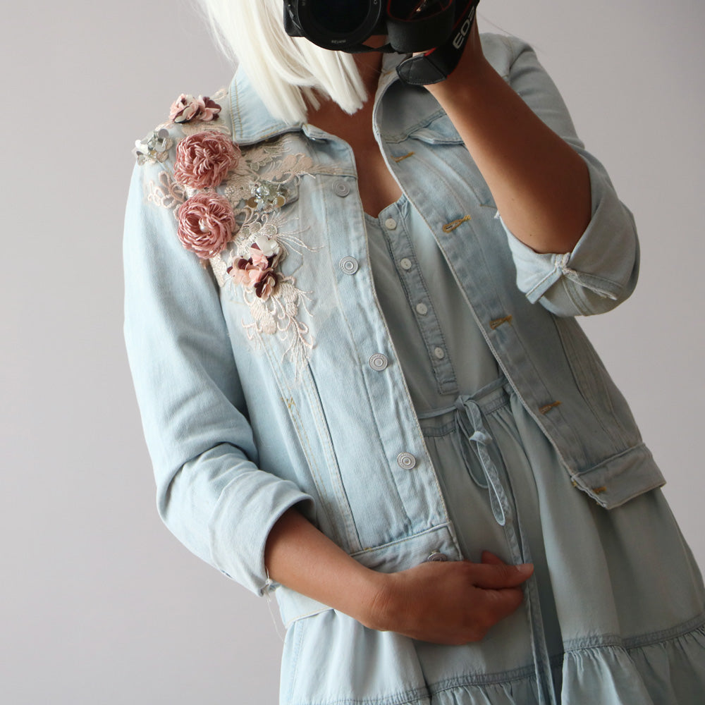 Three Dimensional Flowers Pearl  Coat Long Sleeve Jean Jacket