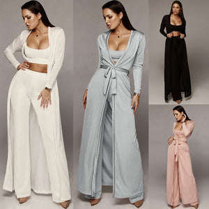 3 Piece Set Spaghetti Strap Crop Top with Overcoat