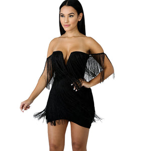 Black Tassel Dress Women Elegant Off Shoulder Fringe Flapper Dress