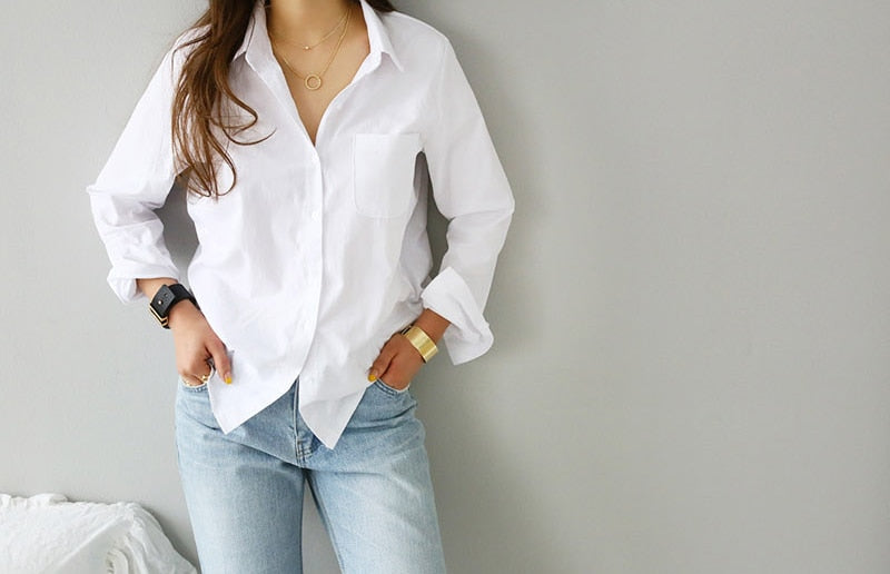 One Pocket Women White Shirt Female Blouse T