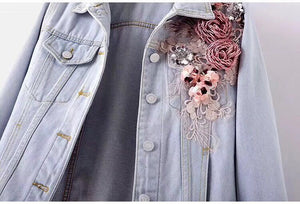 Three Dimensional Flowers Pearl  Coat Long Sleeve Jean Jacket