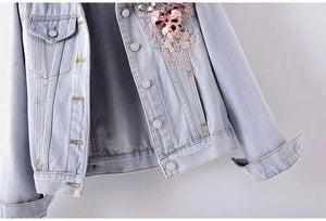 Three Dimensional Flowers Pearl  Coat Long Sleeve Jean Jacket