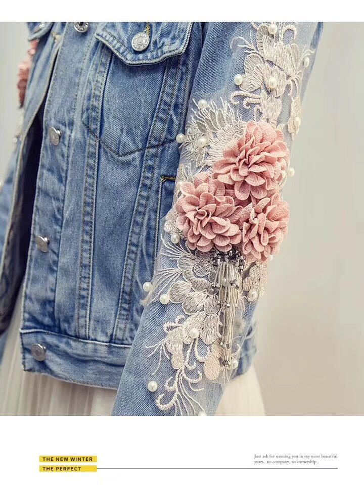 Three Dimensional Flowers Pearl  Coat Long Sleeve Jean Jacket