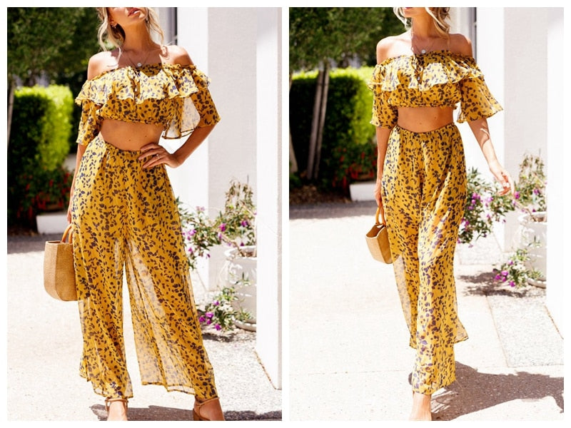 2 Pieces Suits Sets Women  Shoulder Crop Tops With Long Pants