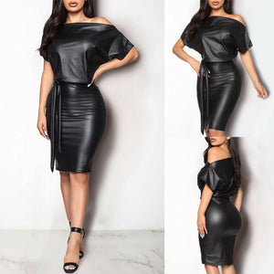 Sexy PU Leather Dress Elegant Party Office Lady Midi Dress