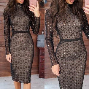 Sexy Mesh Party Dress Rhinestones Club Bodycon Dress