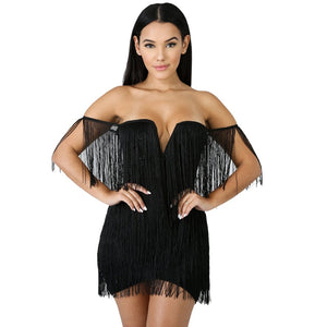 Black Tassel Dress Women Elegant Off Shoulder Fringe Flapper Dress