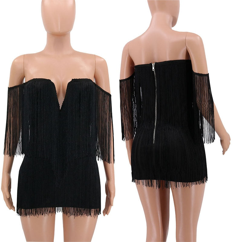 Black Tassel Dress Women Elegant Off Shoulder Fringe Flapper Dress