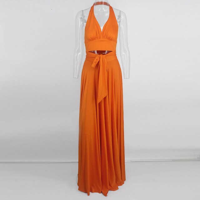 2 Piece Set Women Elegant Sexy Pleated  Maxi Dresses