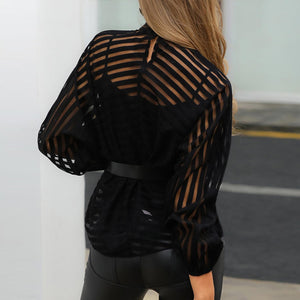 Mesh Net Blouse Long Sleeve hot Shirt in Black