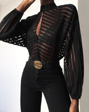 Mesh Net Blouse Long Sleeve hot Shirt in Black