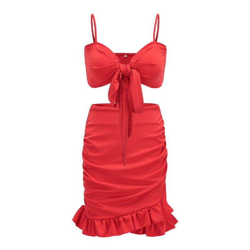 Two Pieces Set Women Ruffles Dress Red Off Shoulder Mini Party Dress