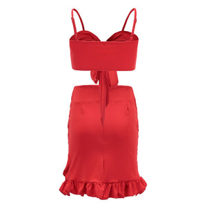 Two Pieces Set Women Ruffles Dress Red Off Shoulder Mini Party Dress