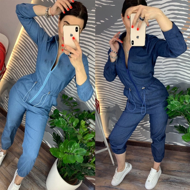 Denim Blue Rompers Women Casual Zipper Up Jumpsuit