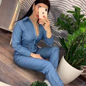 Denim Blue Rompers Women Casual Zipper Up Jumpsuit