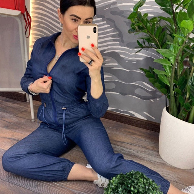 Denim Blue Rompers Women Casual Zipper Up Jumpsuit