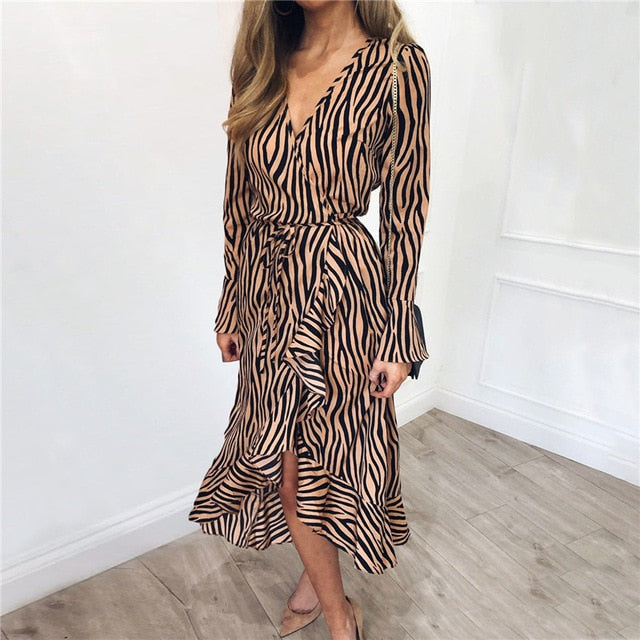 Zebra Print Beach Maxi Dress Long Sleeve