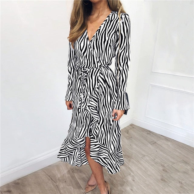 Zebra Print Beach Maxi Dress Long Sleeve