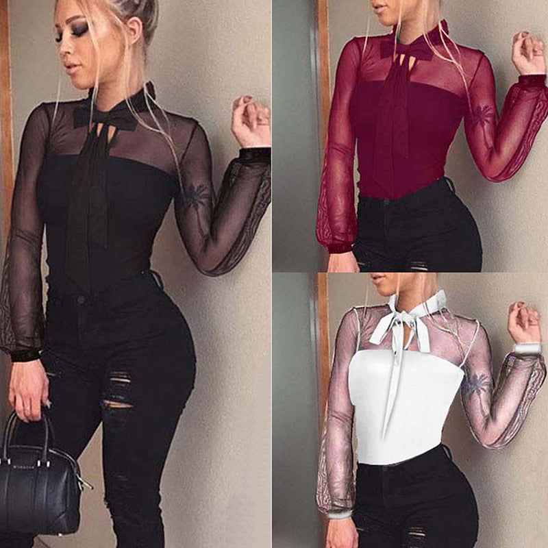 Bodysuit Women Sexy Mesh Bodysuit Transparent Tops