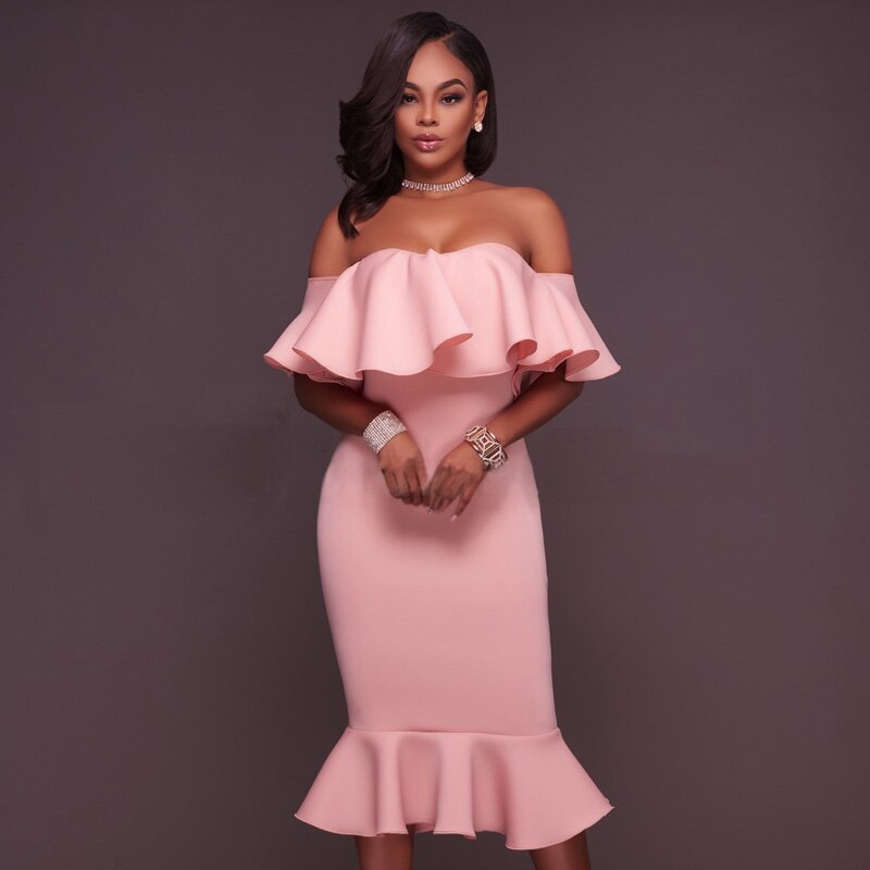 Shoulder Ruffles Women Midi Dress