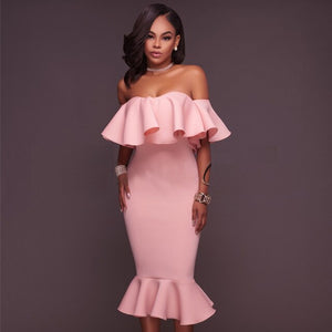 Shoulder Ruffles Women Midi Dress