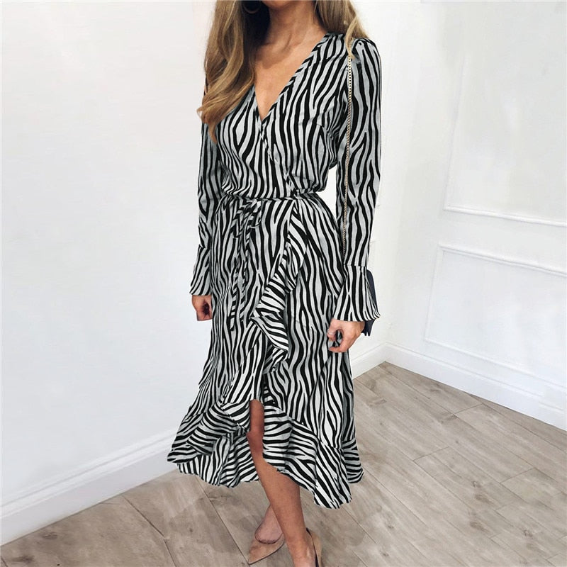 Zebra Print Beach Maxi Dress Long Sleeve