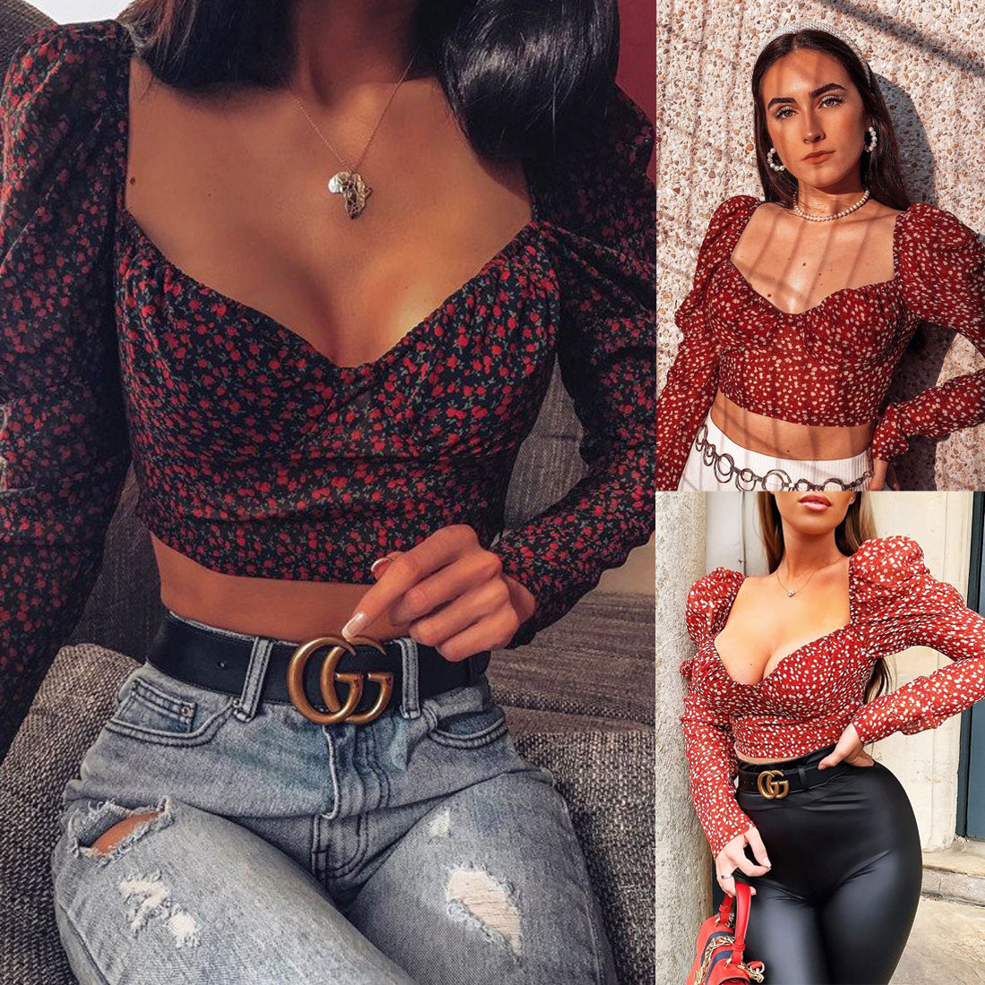 Spring Vintage  Dot Square  Crop Tops Blouse