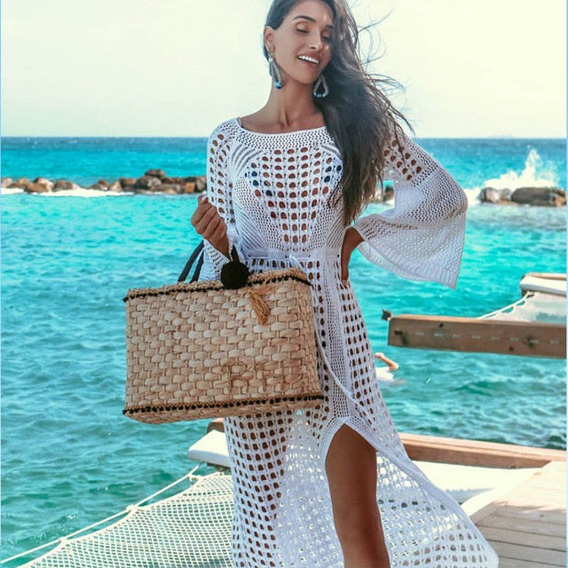 White Knitted Beach Cover up dress Long