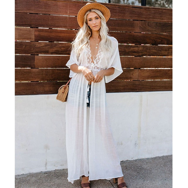 White Knitted Beach Cover up dress Long