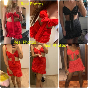 Two Pieces Set Women Ruffles Dress Red Off Shoulder Mini Party Dress