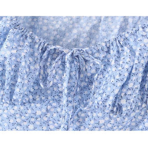 2 pieces sets blouses  sleeve top elegant floral skirt in blue