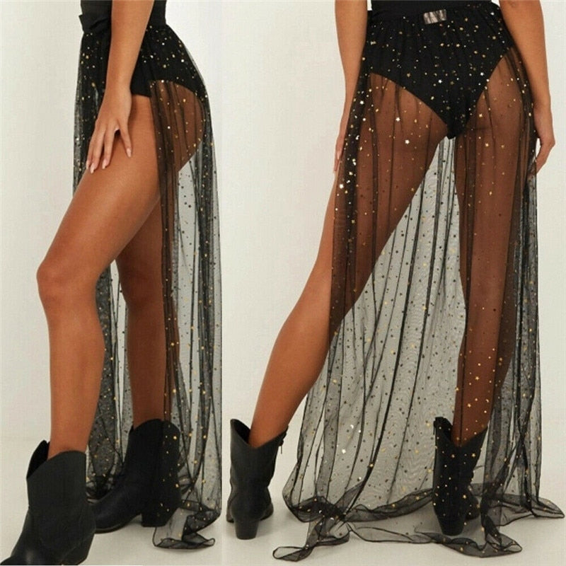 Black Sequins Mesh  Skirt Bikini Cover Ups