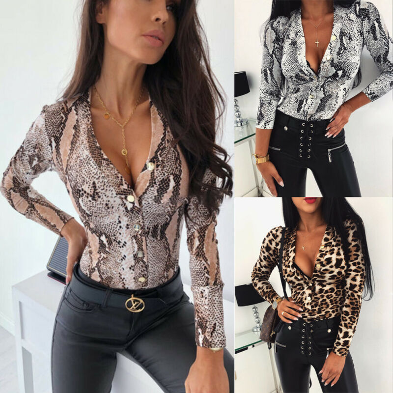 Long Sleeve Leopard Skin Prinetd Bodysuit jumpsuit