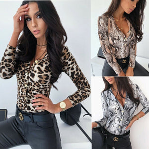 Long Sleeve Leopard Skin Prinetd Bodysuit jumpsuit