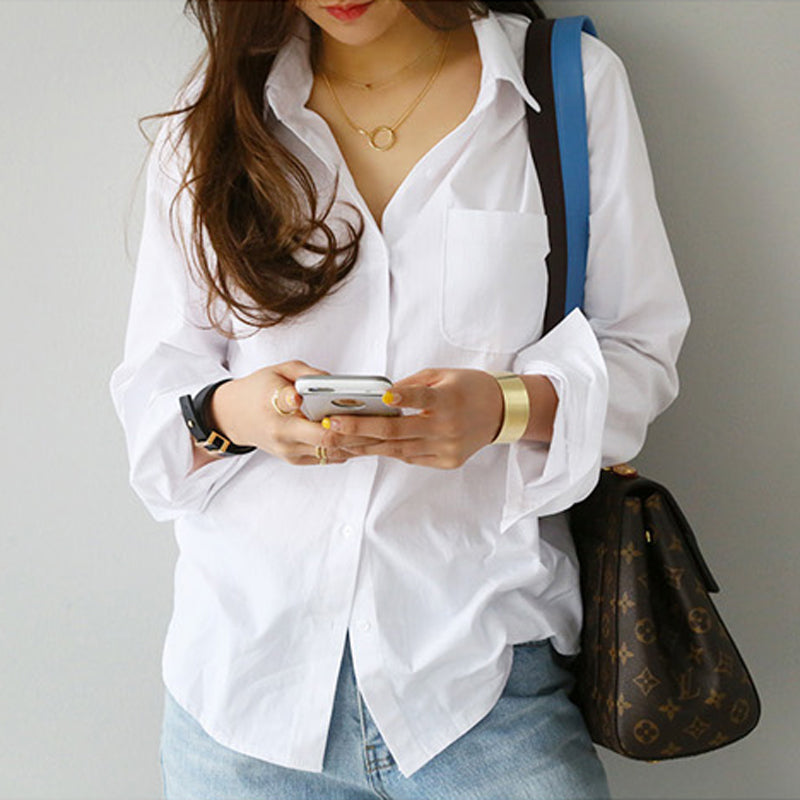 One Pocket Women White Shirt Female Blouse T