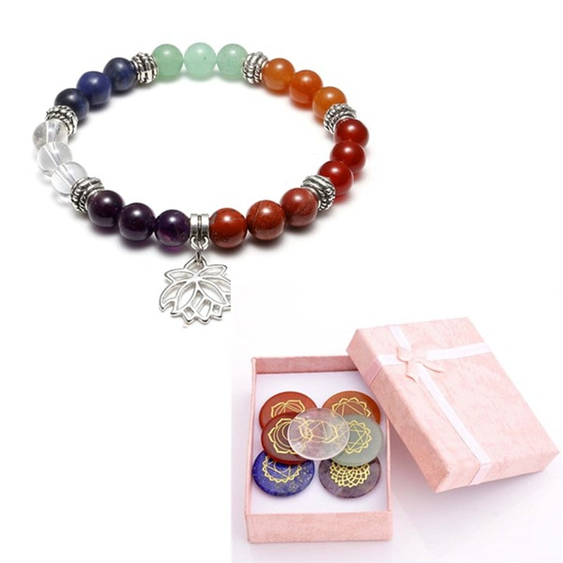 Natural 7 Chakras Bracelet with Engraved Stone