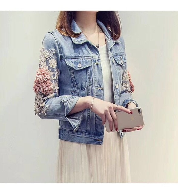 Three Dimensional Flowers Pearl  Coat Long Sleeve Jean Jacket